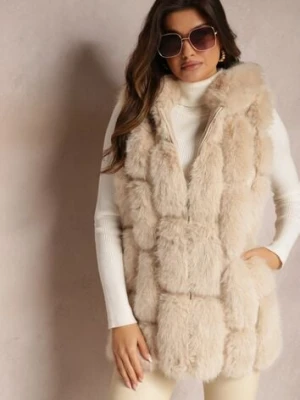 Beżowa Futrzana Kamizelka z Kapturem Konessa