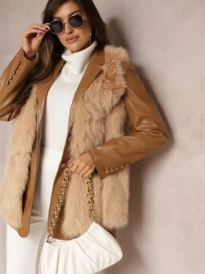 Beżowa Futrzana Kamizelka z Wstawkami z Ekoskóry Lewja k-th