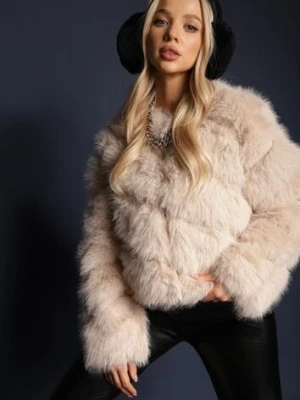 Beżowa Futrzana Kurtka o Krótkim Kroju Zapinana na Haftki Alorith