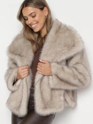Beżowa Futrzana Kurtka z Szerokim Kołnierzem Merionnie melya by melody