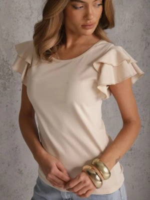 Beżowa Gładka Bluzka z Bawełny z Rękawkami z Falbanek Nedaxera glo-story