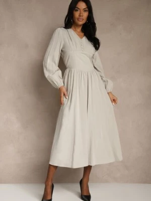 Beżowa Gorsetowa Sukienka z Wiskozą z Guzikami i Bufiastymi Rękawami Ahlite unigirl