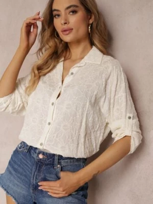 Beżowa Haftowana Koszula z Wiskozy z Podwijanymi Rękawami Nobonsei