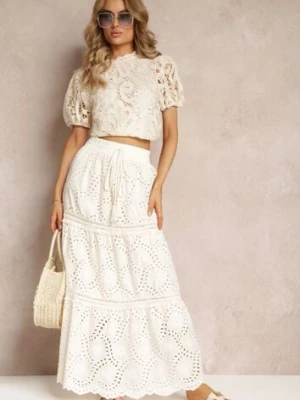 Beżowa Haftowana Spódnica z Gumką w Pasie i Falbanką Lileia rosa