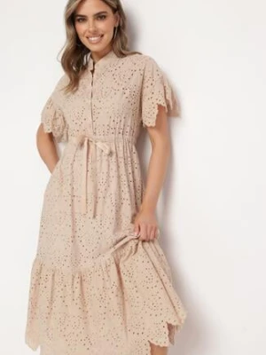 Beżowa Haftowana Sukienka z Bawełny z Guzikami i Gumką w Talii Melliara bisou's project