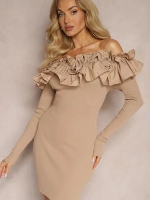 Zdjęcie produktu Beżowa Hiszpanka Sukienka Mini z Falbankami i Kwiatami Balinorre elsa.m by may