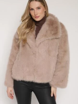 Beżowa Jednorzędowa Kurtka Futerko z Szerokim Kołnierzem Conellia