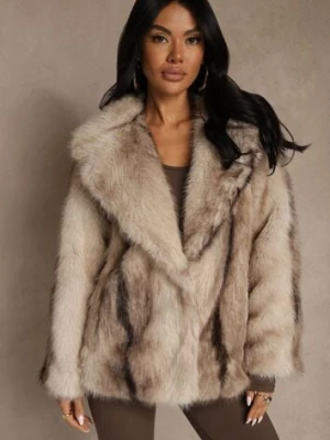 Beżowa Jednorzędowa Kurtka Futerko z Szerokim Kołnierzem Tesandra