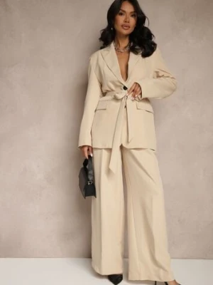 Beżowa Jednorzędowa Marynarka o Taliowanym Fasonie z Wiązanym Paskiem Daviritte lovery