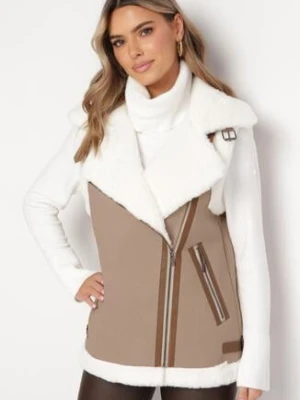 Beżowa Kamizelka Bezrękawnik w Stylu Biker z Ekozamszu z Futerkiem Terone elsa.m by may
