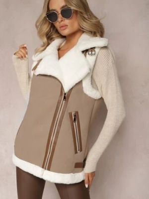 Beżowa Kamizelka Bezrękawnik z Asymetrycznym Zapięciem i Futerkiem Sadarra elsa.m by may