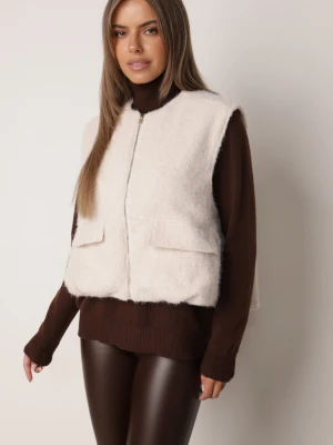 Beżowa Kamizelka Casualowa w Stylu Boucle na Zimę z Kieszonkami Naatoka Retro & Icone