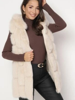Beżowa Kamizelka Futrzana z Kapturem Sophal