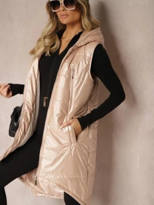 Beżowa Kamizelka o Długim Kroju Wykończona Imitacją Kieszeni i Kapturem Mavaline swest