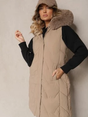 Beżowa Kamizelka Pikowana z Kapturem i Odczepianym Futerkiem Innaleia jstyle