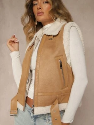 Beżowa Kamizelka w Rockowym Stylu z Futerkiem w Stylu Baranka i Klamrą Tiofira J.style