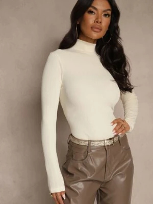 Beżowa Klasyczna Bluzka Longsleeve z Golfem Raleia glo-story