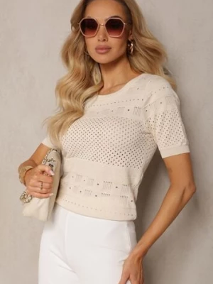 Beżowa Klasyczna Bluzka w Ażurowy Wzór Lidakra rosa