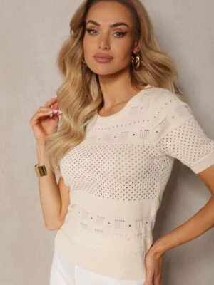 Beżowa Klasyczna Bluzka w Ażurowy Wzór Lidakra rosa