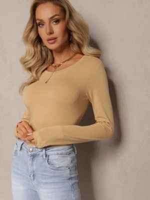 Beżowa Klasyczna Bluzka z Elastycznej Bawełny z Długimi Rękawami Kassape glo-story