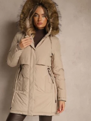 Beżowa Klasyczna Kurtka Parka z Kapturem z Futrem Nalisava swest