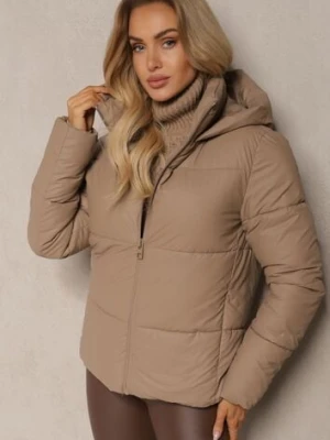 Beżowa Klasyczna Kurtka z Pikowanymi Przeszyciami Kapturem i Kieszeniami Anrinna swest