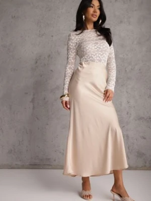 Beżowa Koktajlowa Spódnica z Satyny o Rozkloszowanym Kroju Zinnivira