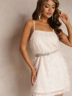 Beżowa Koktajlowa Sukienka Mini z Cienkimi Piórkami Clotile vices