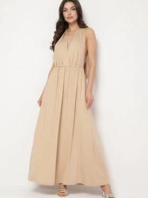 Beżowa Koktajlowa Sukienka Multiway z Wiskozą i Wiązaniem na Szyi Lilazza by swan