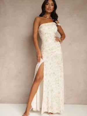 Beżowa Koktajlowa Sukienka o Asymetrycznym Kroju w Kwiaty Melaniela new collection