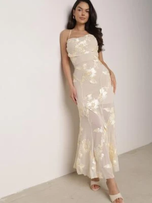 Beżowa Koktajlowa Sukienka Siateczkowa z Odkrytymi Plecami z Wiązaniem Cezelle allyson