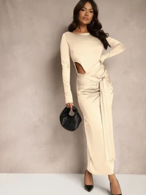 Beżowa Koktajlowa Sukienka z Ozdobnym Wycięciem i Wiązaniem Vamicea allyson