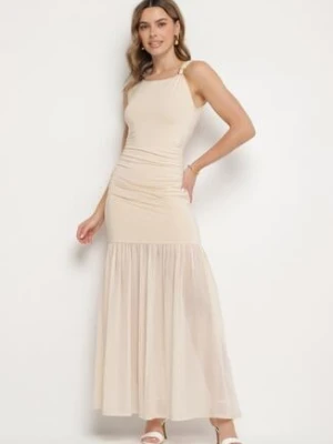 Beżowa Koktajlowa Sukienka z Wiskozą Ozdobiona Marszczeniem Galapina giorgia