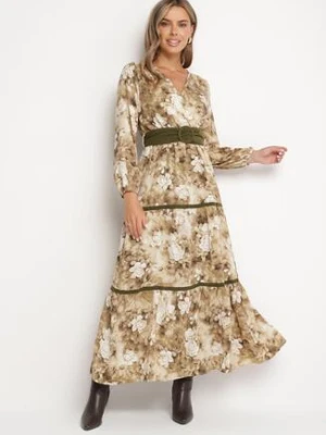 Beżowa Kopertowa Rozkloszowana Sukienka Ozdobiona Paskiem i Falbanami Fezisia rosa