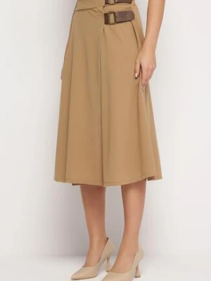 Beżowa Kopertowa Spódnica Midi z Gumką w Pasie i Ozdobnymi Paskami Melirine