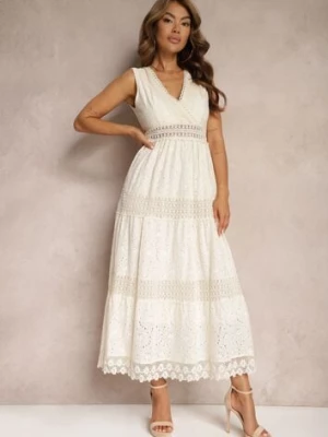 Beżowa Kopertowa Sukienka Maxi z Wiązaniem na Plecach z Koronkowej Tkaniny Sonaia rosa