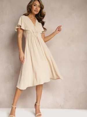 Beżowa Kopertowa Sukienka Midi o Rozkloszowanym Kroju Noravel melya by melody