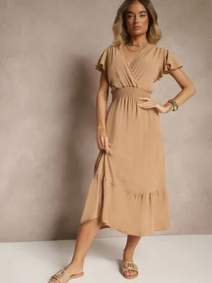 Beżowa Kopertowa Sukienka o Rozkloszowanym Fasonie z Gumką w Talii Reivione j&x
