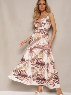 Beżowa Kopertowa Sukienka Rozkloszowana z Florystycznym Printem i Cienkimi Ramiączkami Jasara h&s