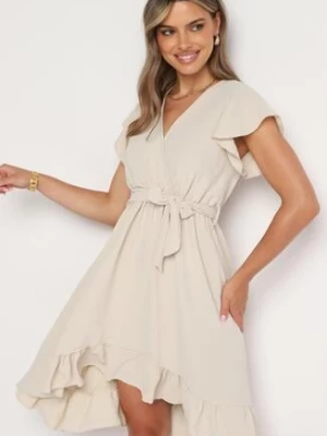 Beżowa Kopertowa Sukienka z Asymetrycznym Dołem Ozdobiona Falbanką z Paskiem w Talii Snidia lovery