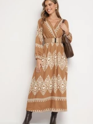 Beżowa Kopertowa Sukienka z Wiskozą w Orientalny Wzór z Paskiem i Gumką w Talii Sagizia rosa