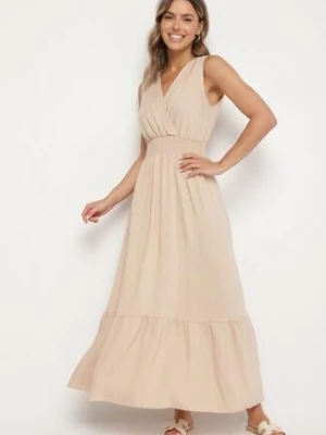 Beżowa Kopertowa Sukienka z Wiskozy Bez Rękawów Nalimira j&x