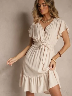 Beżowa Kopertowa Sukienka z Wiskozy Ozdobiona Paskiem Lanestea j&x