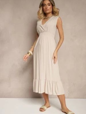Beżowa Kopertowa Sukienka z Wiskozy Zdobiona Falbanką Ularisela h&s