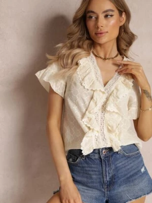 Beżowa Koronkowa Bluzka Zdobiona Falbankami i Haftem z Bawełny Jadina elsa.m by may