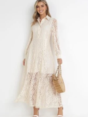 Beżowa Koronkowa Sukienka Maxi z Ozdobnym Kołnierzem z Cyrkoniami Abena elsa.m by may