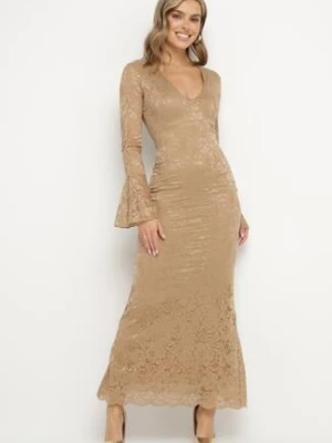 Beżowa Koronkowa Sukienka o Dopasowanym Kroju z Szerokim Dołem Annadira allyson