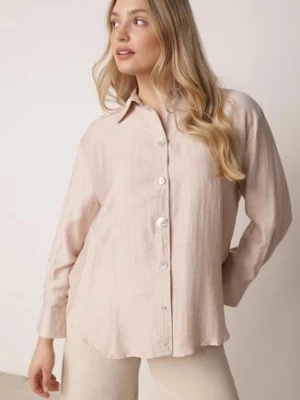 Beżowa Koszula Oversize z Wiskozą i Lnem Zdobiona Nieregularnymi Guzikami Inisera melya by melody