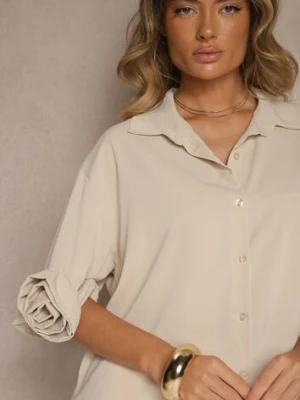 Beżowa Koszula Ozdobiona Kwiatami 3DTenisela j studio