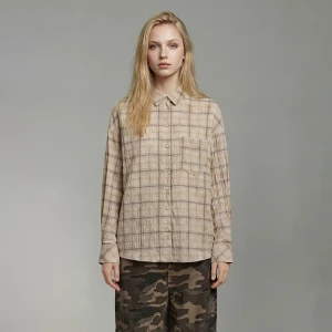 Beżowa koszula w kratę z gnieczonej tkaniny House